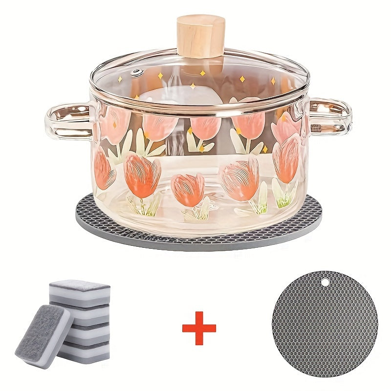 Glass Soup Pot with Tulip Print, Heat-Resistant Pad, 5 Sponge Brushes, Non-Stick, Electric Stove Compatible