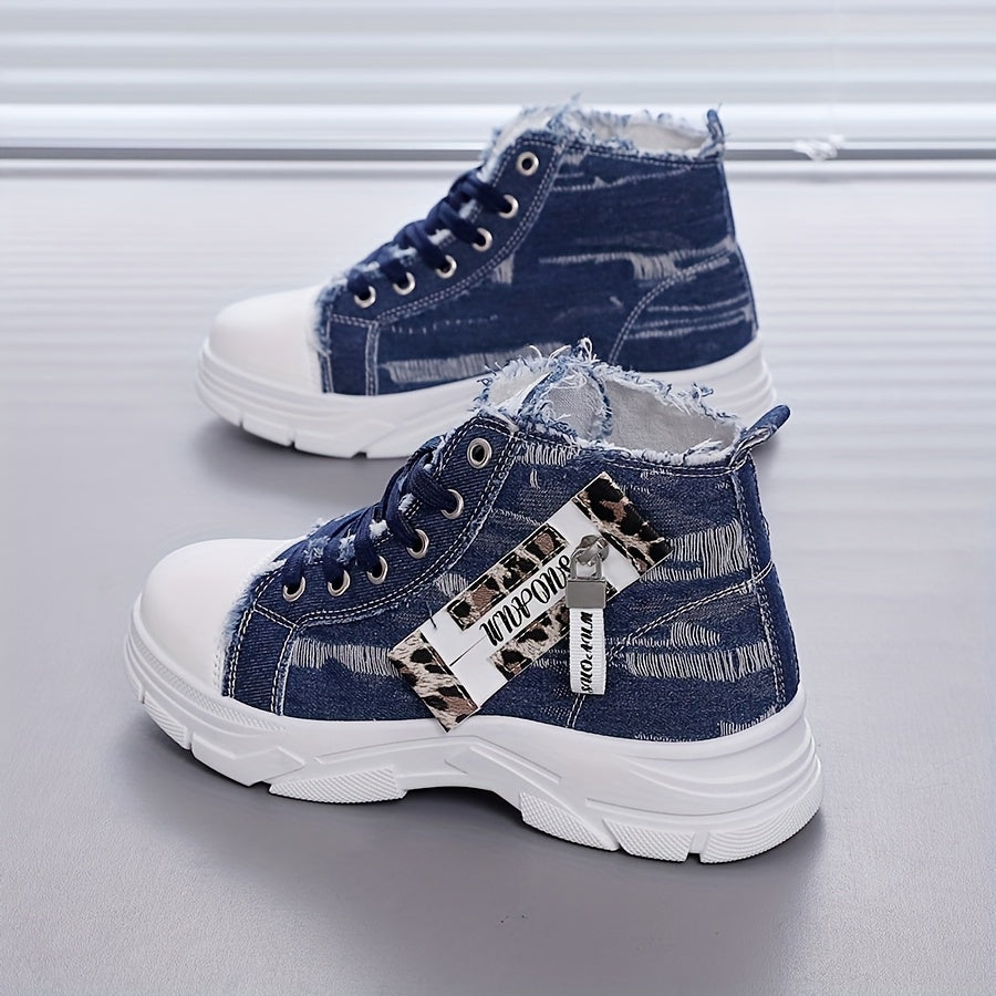 Ayollar uchun Chunky Sole yuqori cho‘ntakli sport poyafzali Leopard print qirqilgan bo‘lak