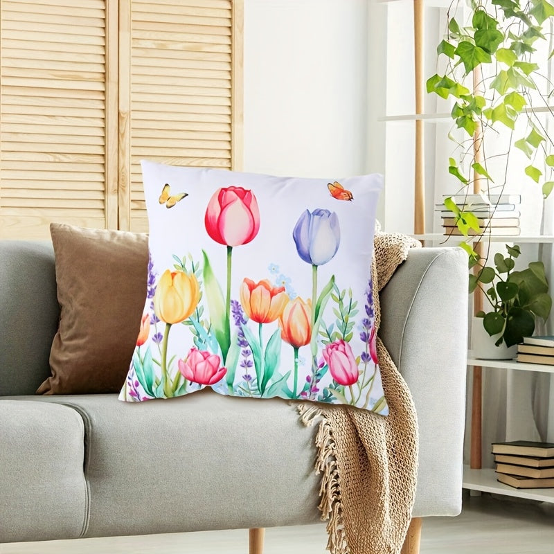 Decorative Pillow Cover Floral Butterfly Print Polyester Zipper Machine Washable