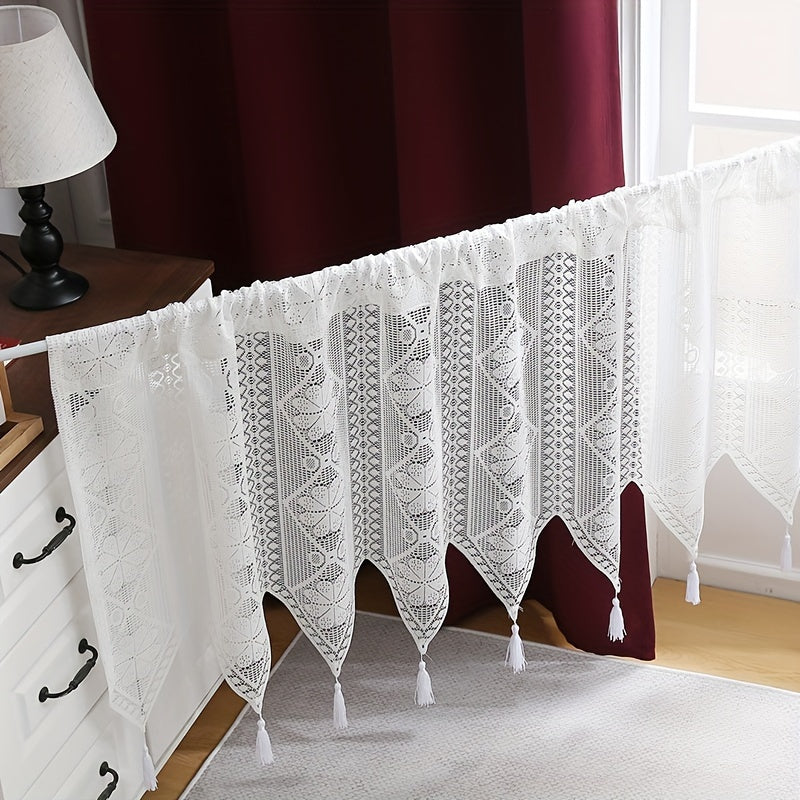 Cortina de encaje floral blanca con borlas, semi-translúcida, con bolsillos para barra, para sala de estar y cocina