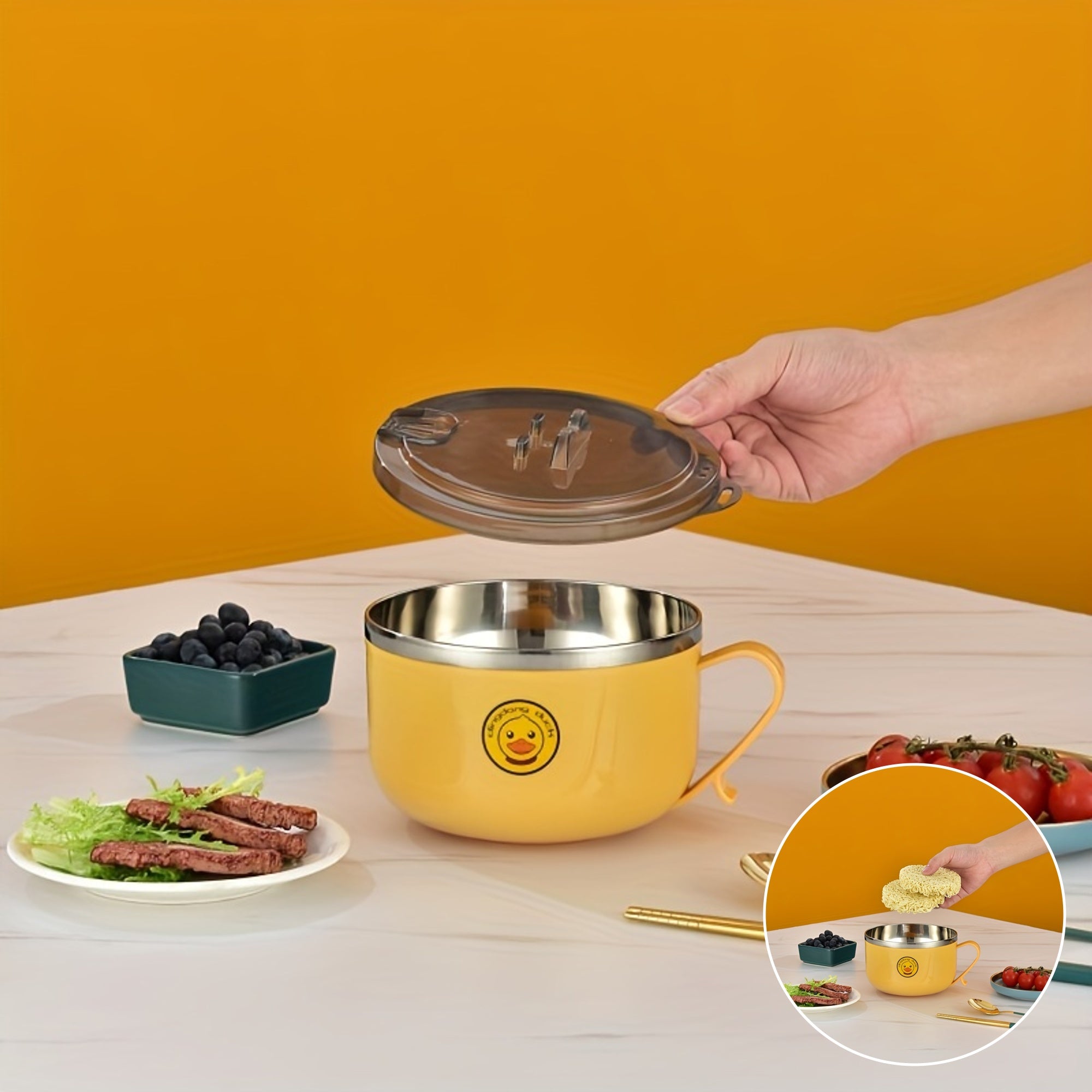 Stainless Steel Noodle Bowl with Lid Drainage Handles Heat-Resistant for Dormitory