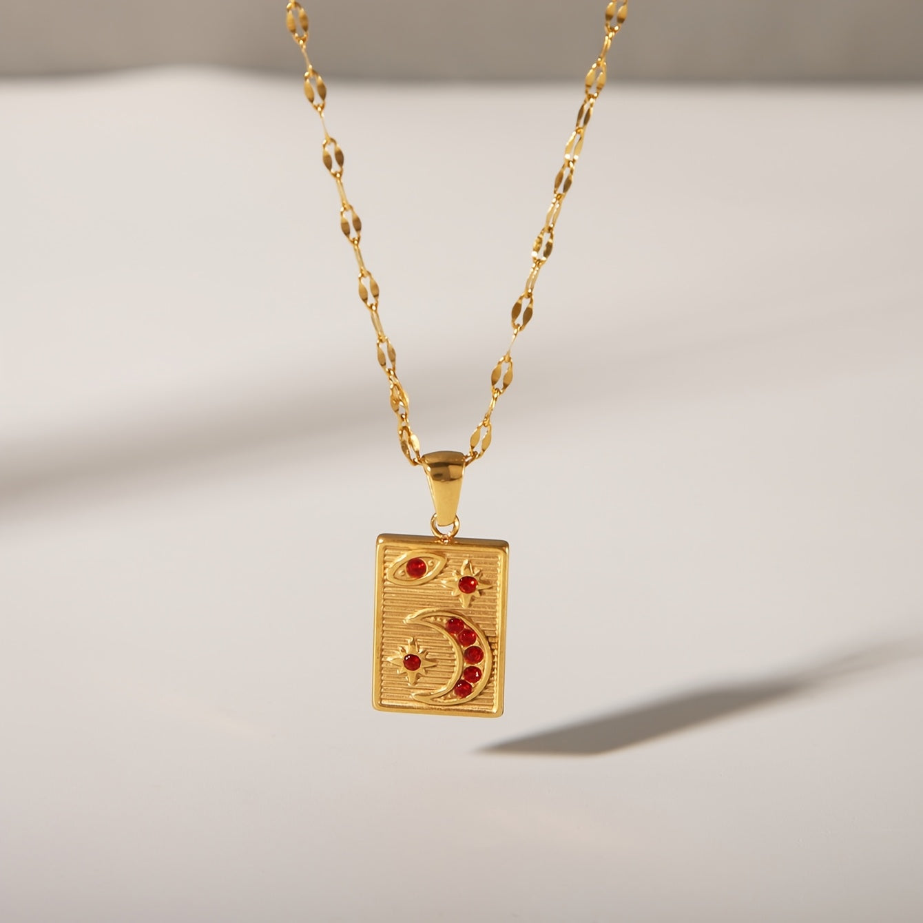 Gold Plated Stainless Steel Pendant Necklace with Geometric Rectangle and Crescent Moon Red Zirconia for Women