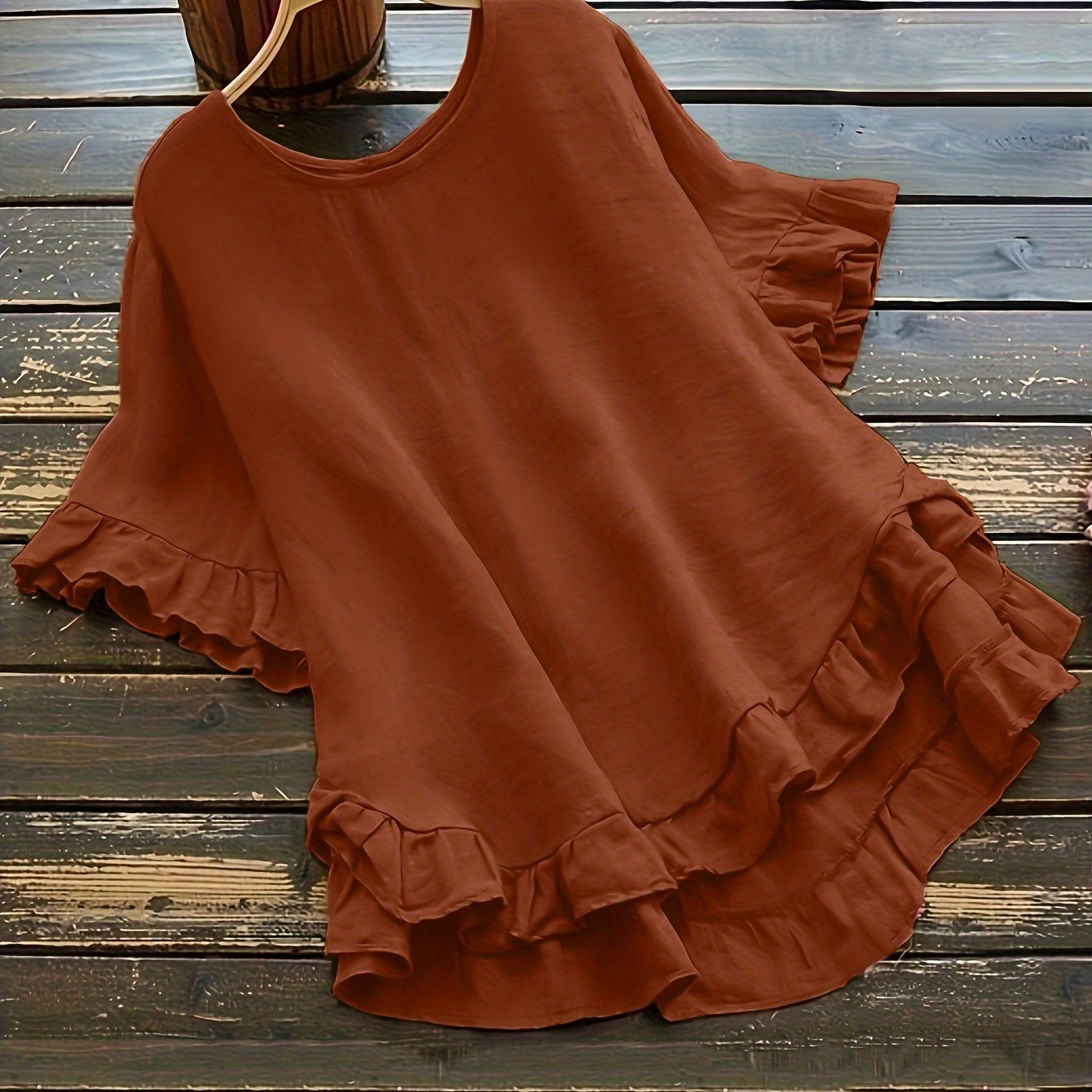 Blusa de manga campana de talla grande para mujer, con volantes, parte frontal corta y parte trasera larga, color negro, tela suave