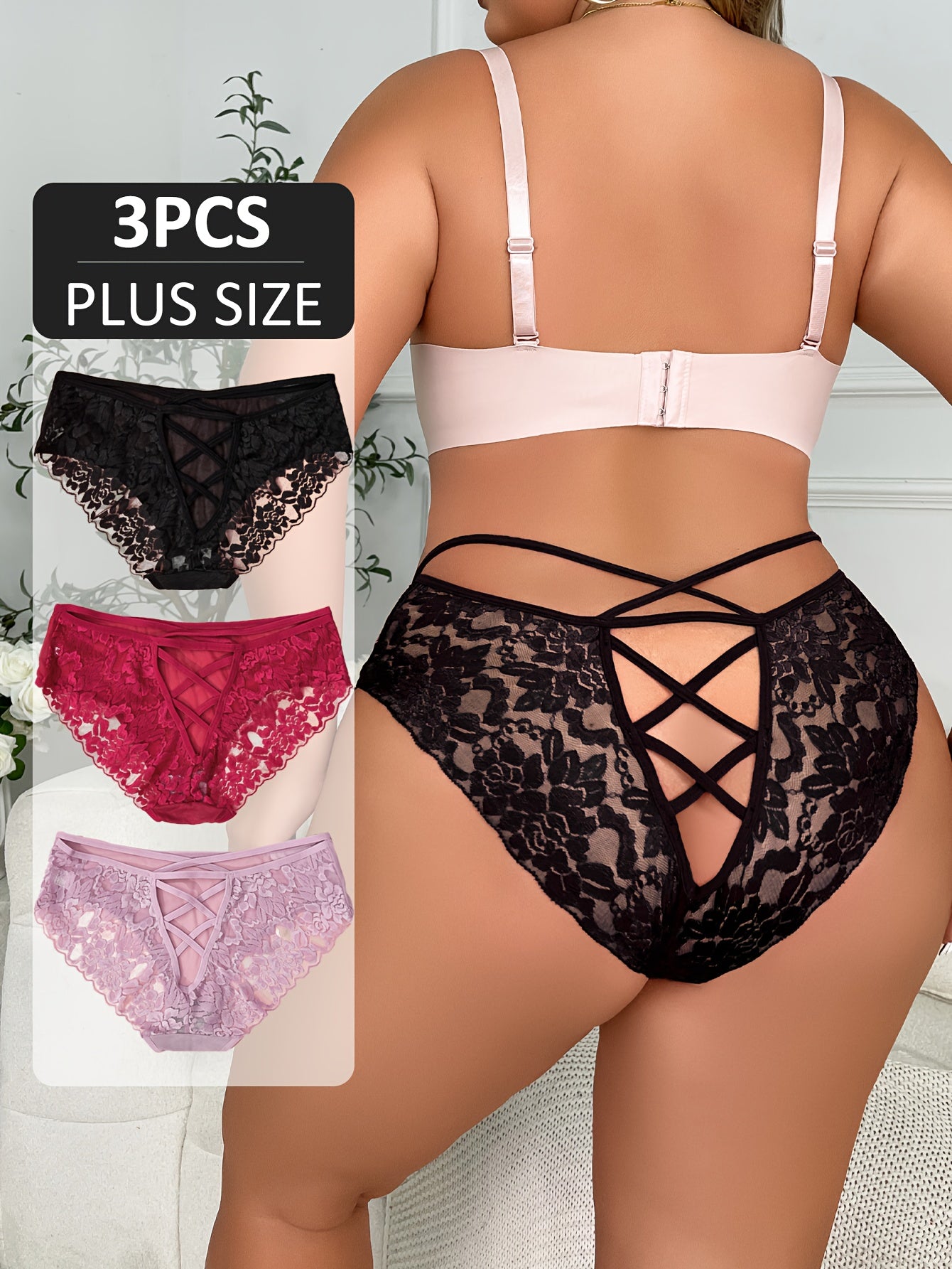 Женский комплект сетчатых трусов плюс сайз, полупрозрачное белье с перекрестными ремешками, сексуальное нижнее белье