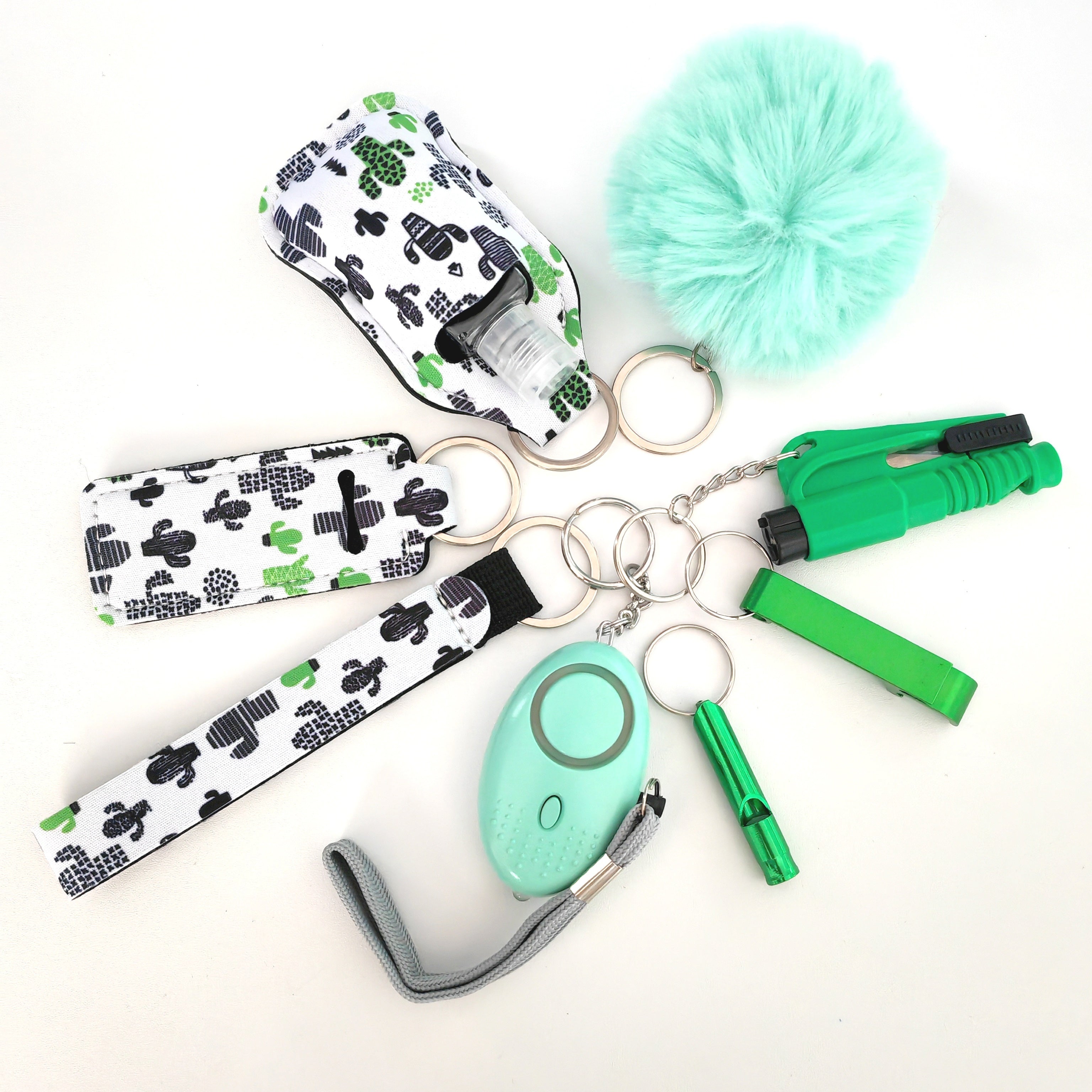 Set of 9 Women's Safety Keychains with Hand Sanitizer Holder Alarm and Floating Charm