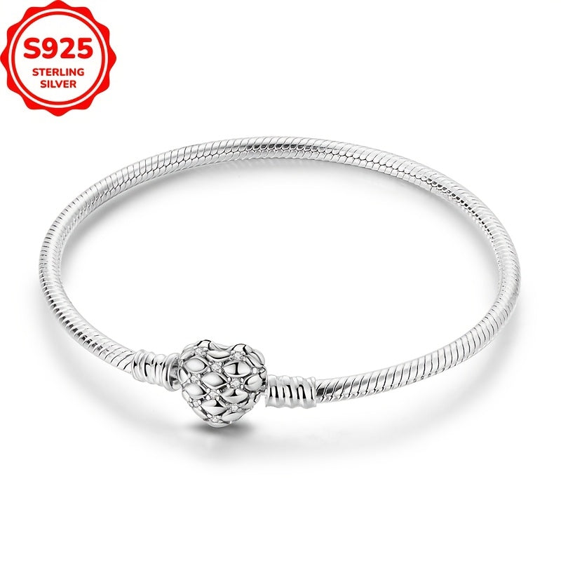 925 Silver Heart Snake Bone Bracelet with Sparkling Grid Design for Casual Wear