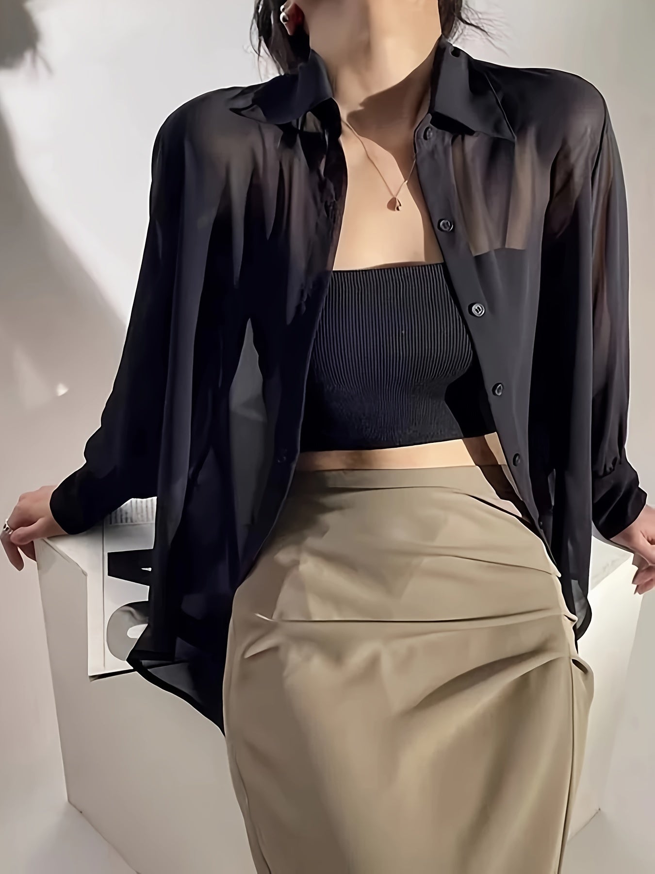 Women's Sheer Chiffon Blouse Long Sleeve Button Front Solid Spring Fall