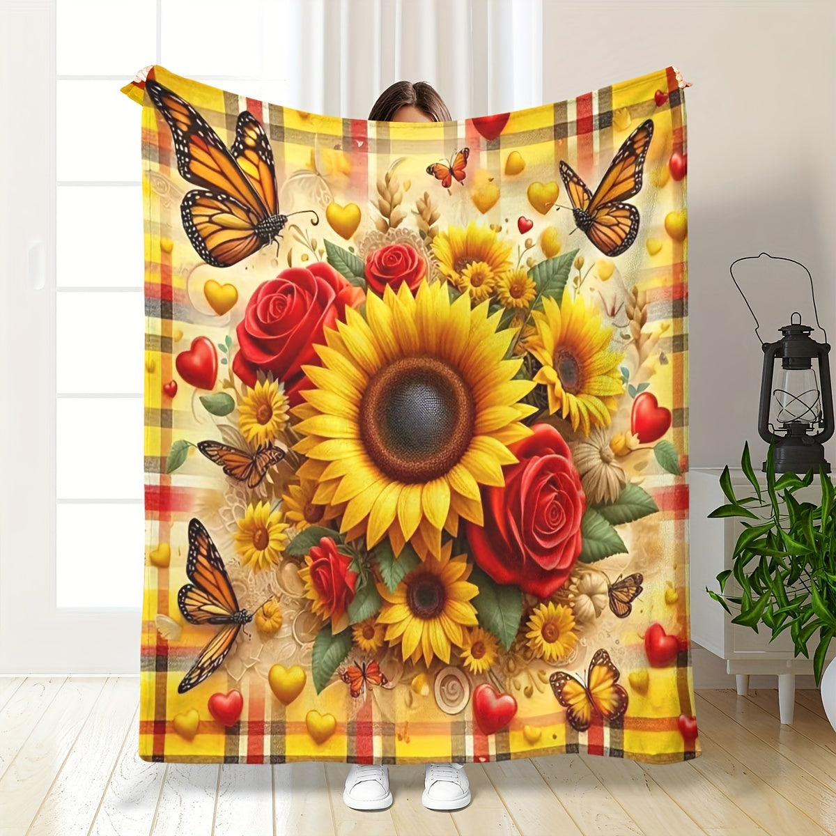 Reversible Sunflower and Butterfly Print Flannel Fleece Throw Blanket for All Seasons