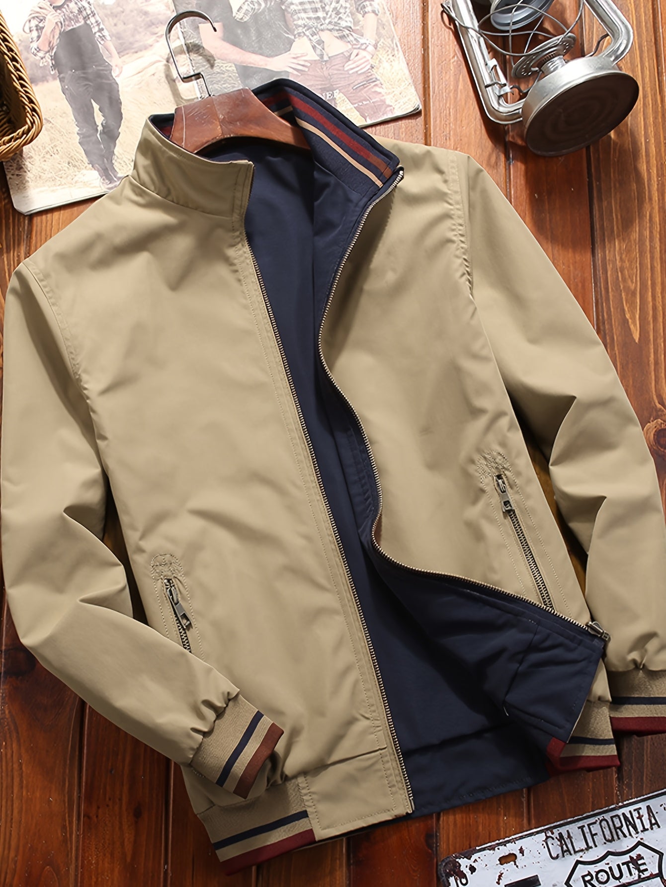 Men's Lightweight Polyester Casual Dual-Sided Jacket with Pockets and Stand Collar