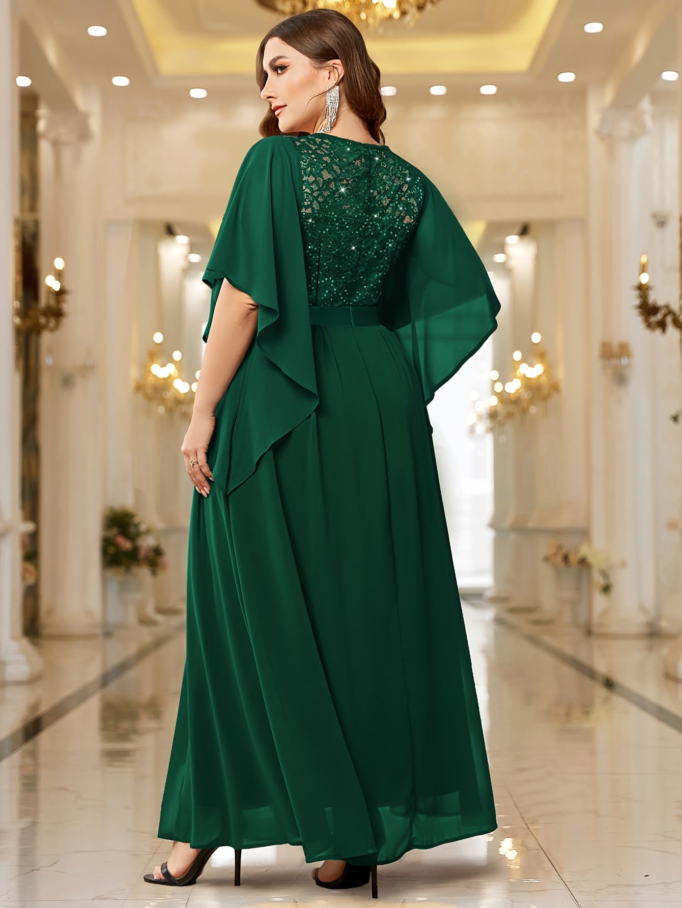 Navy Blue Maxi Dress with Lace Trim and Butterfly Sleeves for Evening Parties