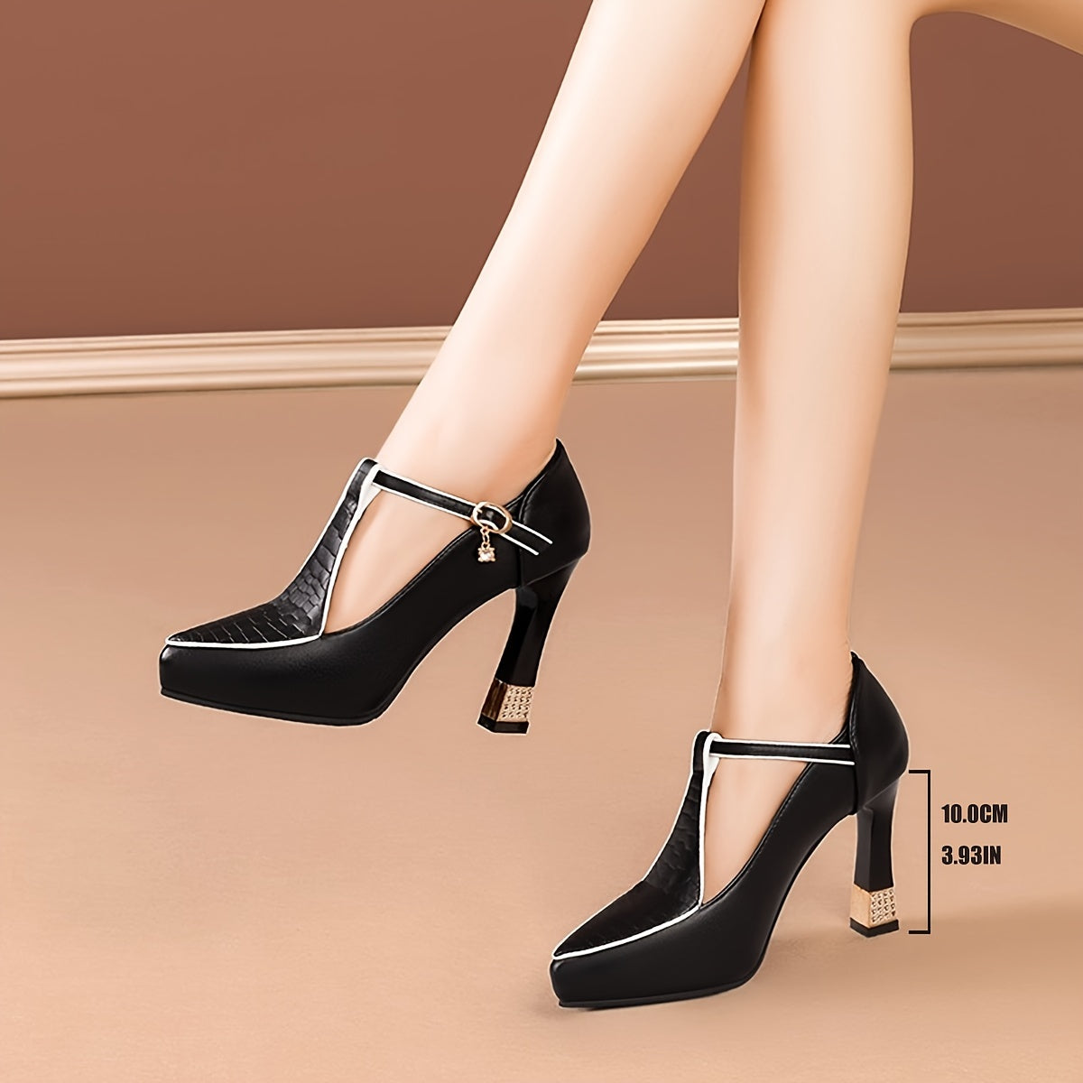 Women's Black Faux Cover Pointed Toe Pumps with Rhinestone Buckle High Block Heel Dress Shoes