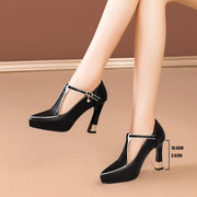 Women's Black Faux Cover Pointed Toe Pumps with Rhinestone Buckle High Block Heel Dress Shoes