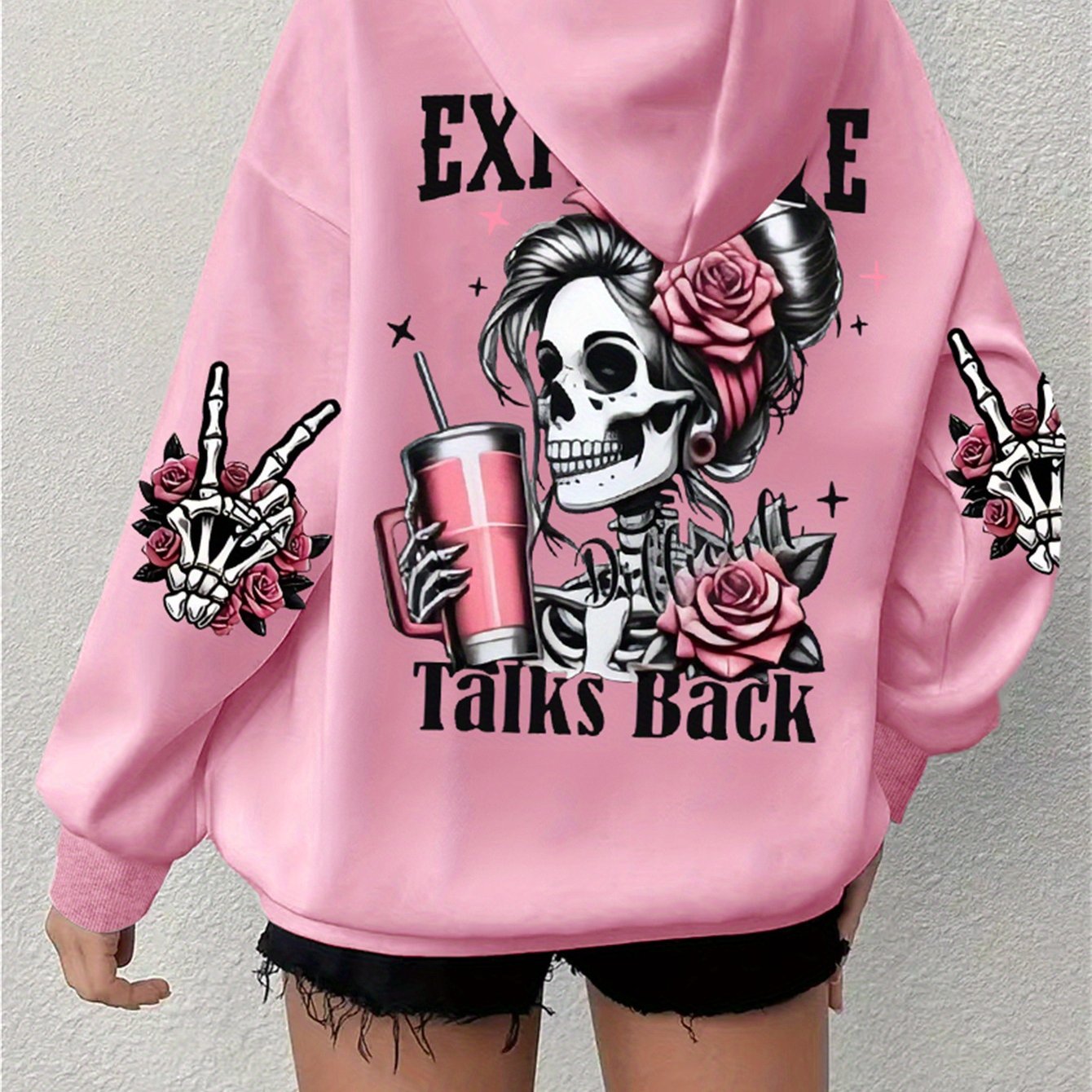 Plus Size Skull Print Drawstring Hoodie Casual Long Sleeve Fall Winter Women's Clothing