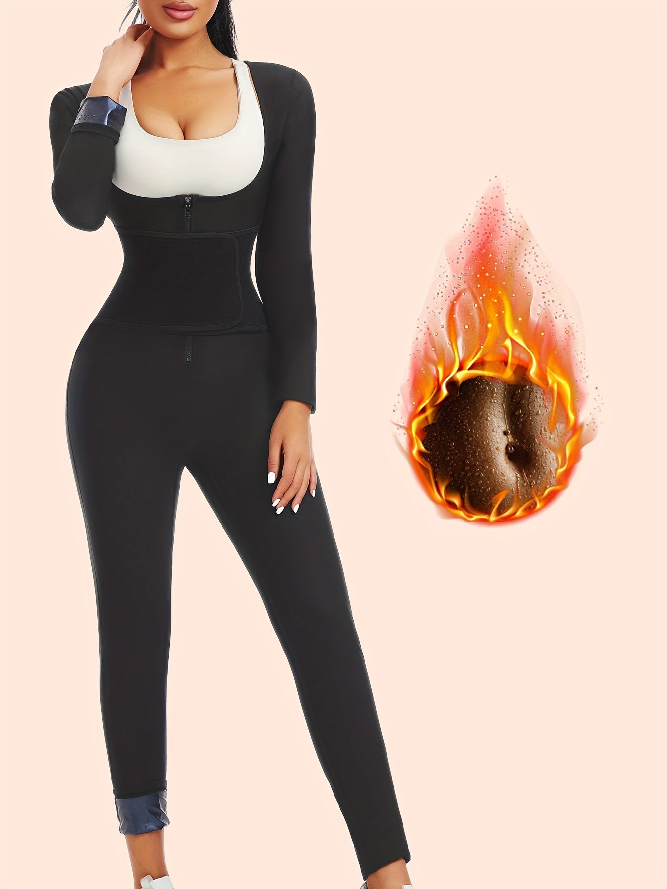 "Женский комбинезон с длинным рукавом для сауны черного цвета, корсет для контроля живота с молнией, стройнящий корректор фигуры для фитнеса и бега, смесь полиэстера и эластана"