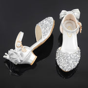 Girls' Children's Dress Shoes with Bow and Sequins, Silvery PU, Round Toe