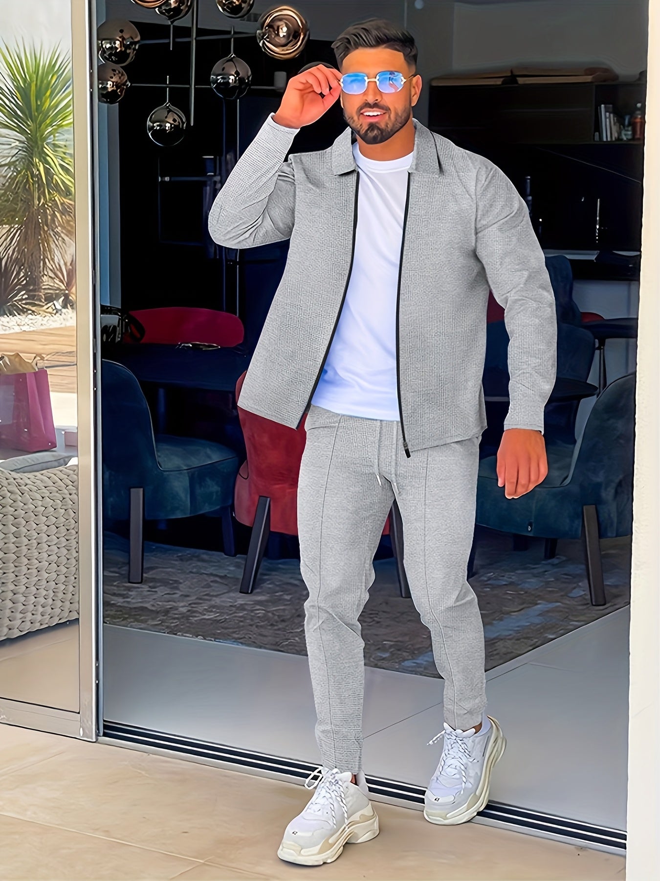 Men's Lightweight Casual Sports Set with Zipper Long Sleeves and Lapel Collar