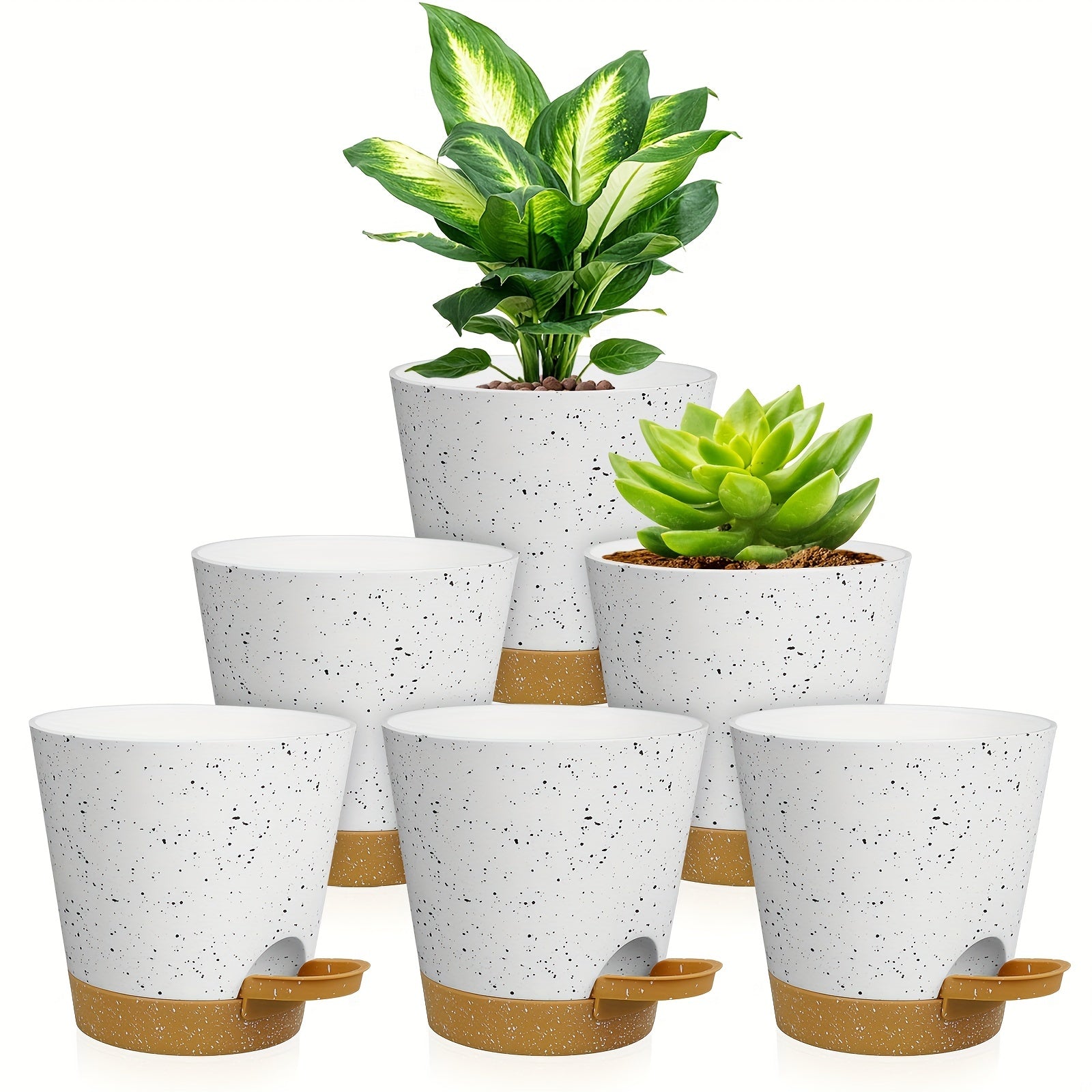 Set of 6 Modern Plastic Planters with Speckled Design Self-Watering Drainage Holes Indoor Outdoor