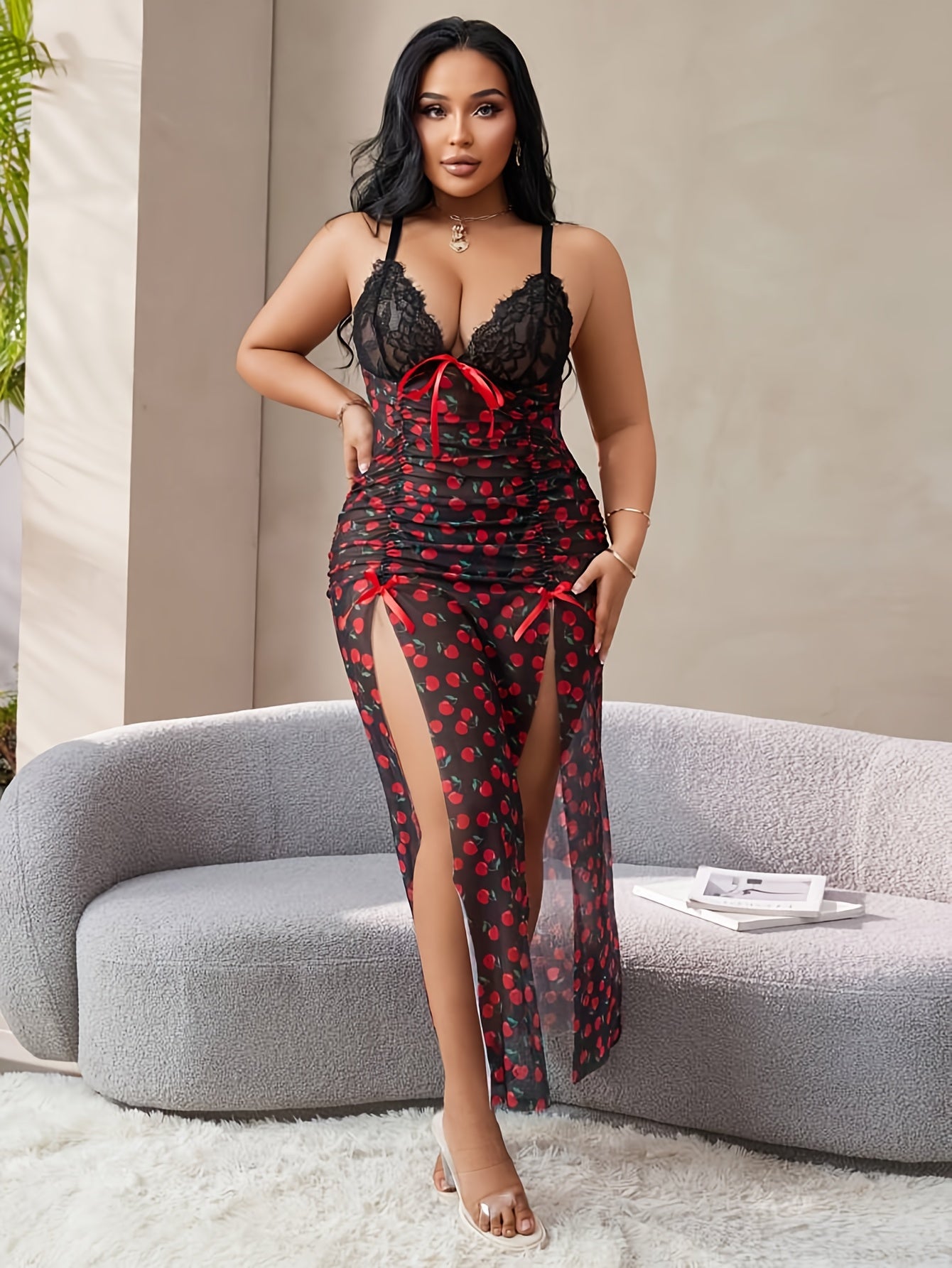 Plus Size Lingerie Set 2pcs Black and Red Floral Panties and Camisole