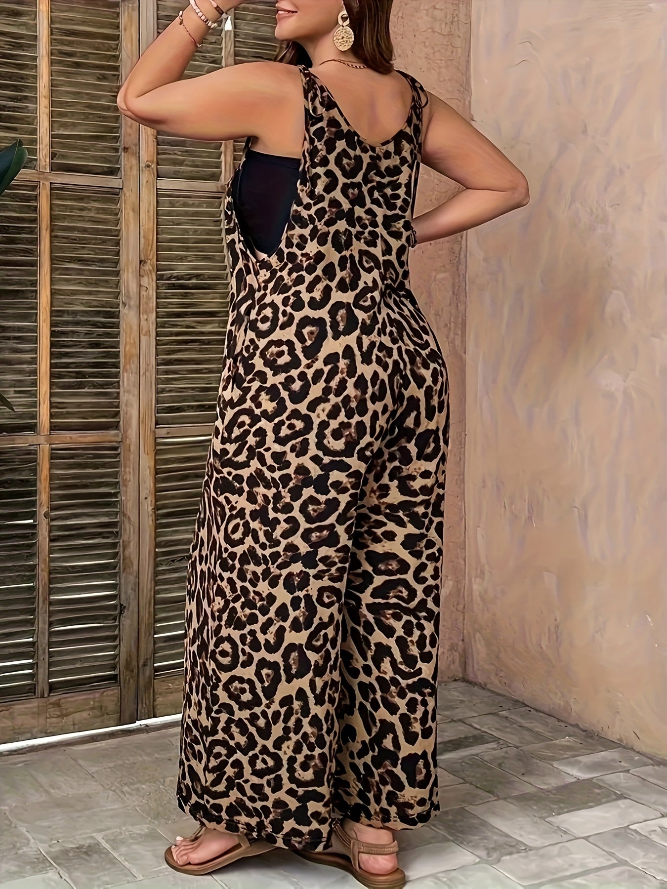 Mono de mujer de talla grande con estampado de leopardo, con bolsillos y estilo de pierna ancha