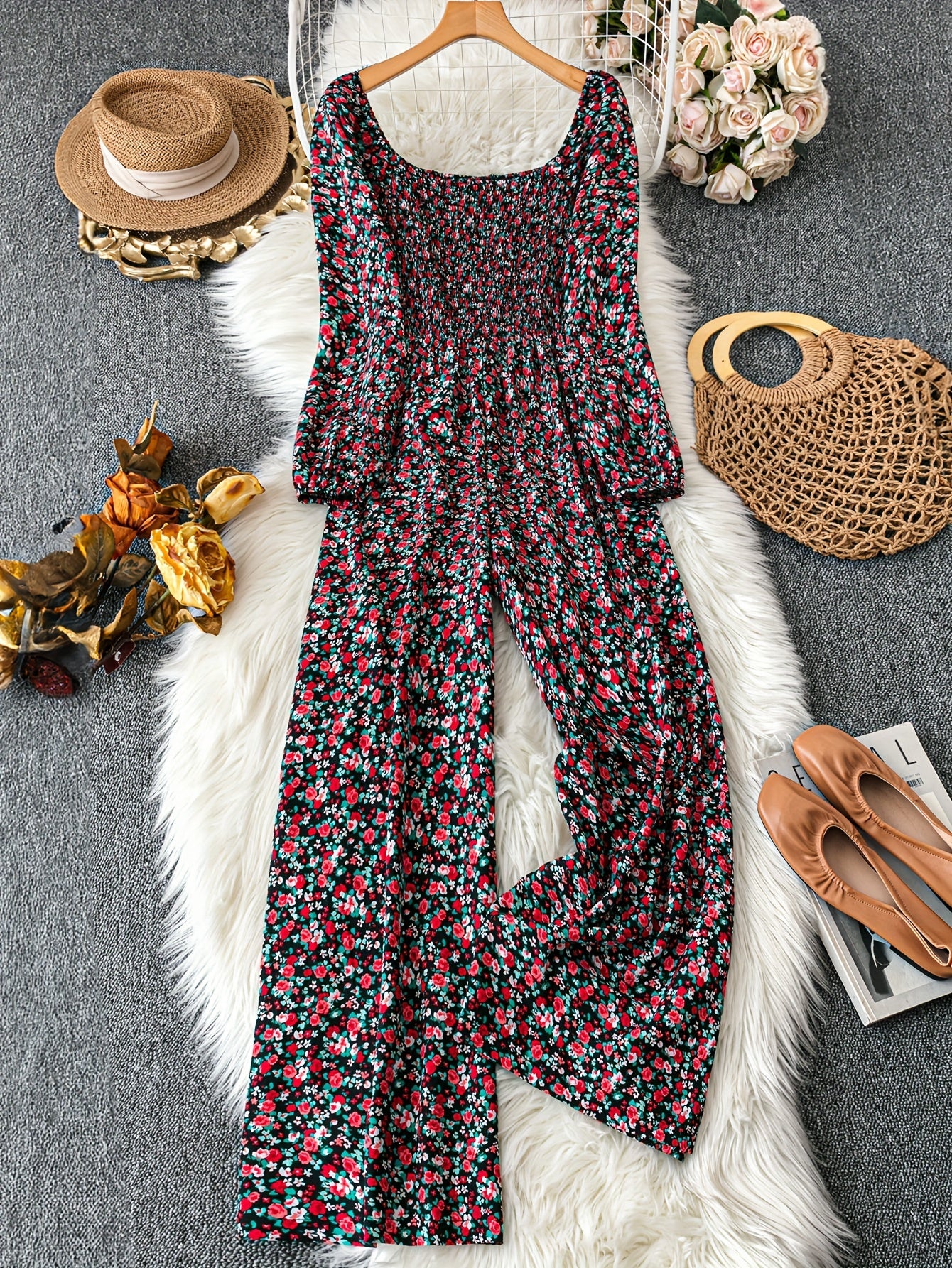 Women’s Floral Print Jumpsuit Square Neck Ruched Slim Fit Spring Fall Casual Formal