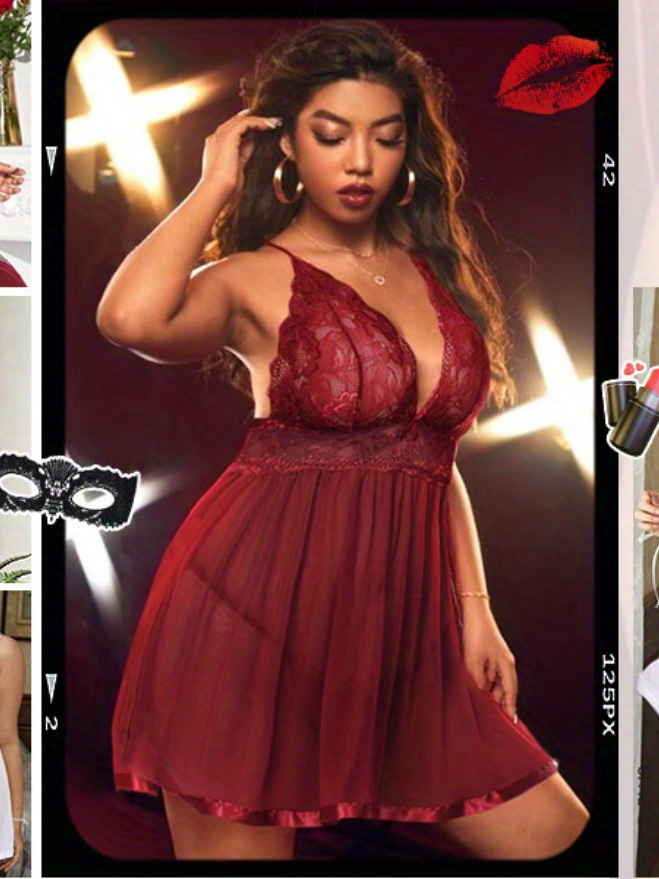 Pijamas de encaje de malla transparente para mujer talla grande con tanga