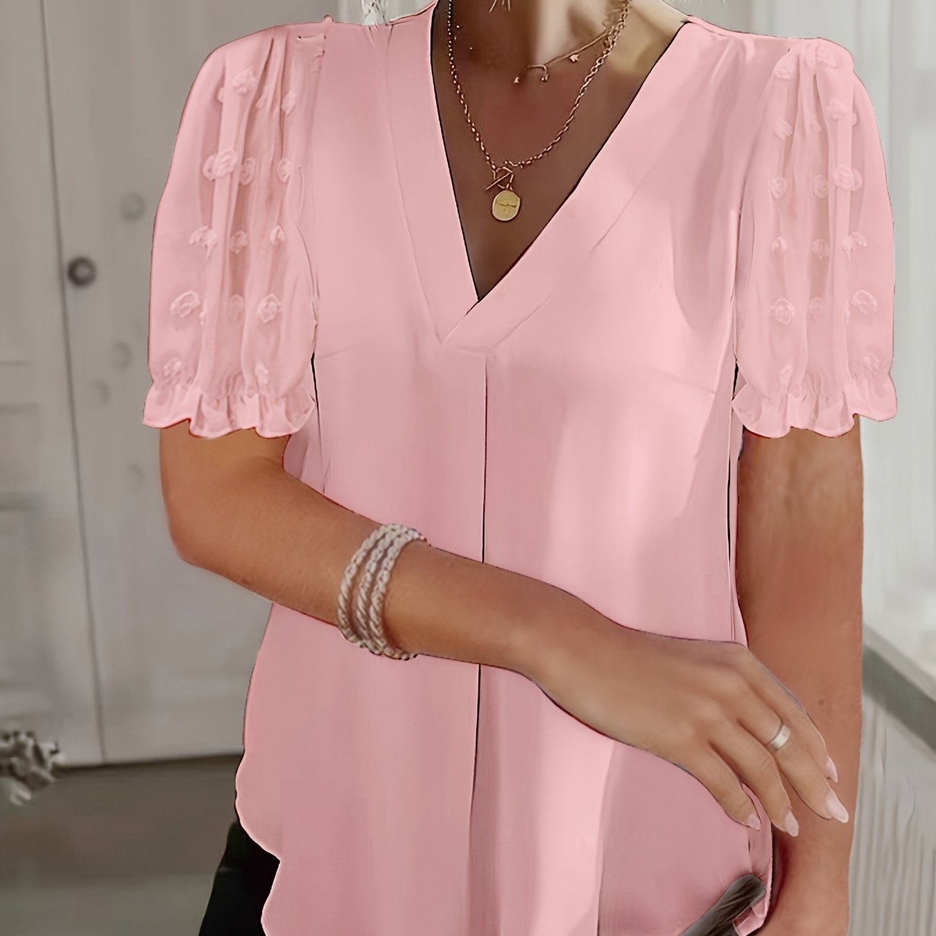 Women's Swiss Dot Mesh V-Neck Blouse Short Sleeve Lace Trim Summer White