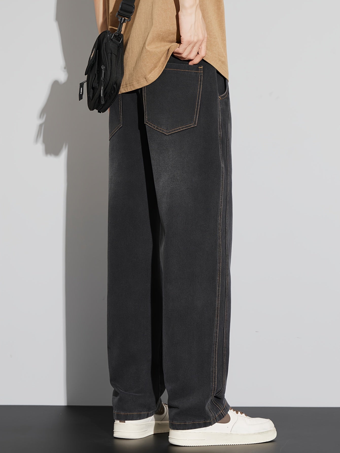 Мужские повседневные джинсы из денима свободного кроя с средней посадкой, на шнурке, для всех сезонов, из хлопково-полиэфирной смеси, однотонные