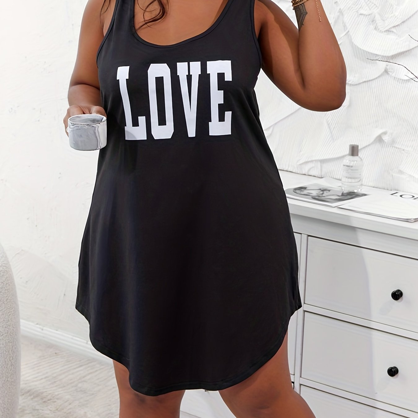 Women's Plus Size Light Blue Love Print Sleeveless Sleep Dress with Shoulder Cut-Outs