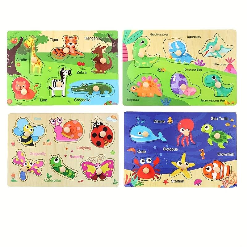 Juego de rompecabezas de madera de 4 piezas para niños, aprendizaje educativo de números, letras, animales y frutas