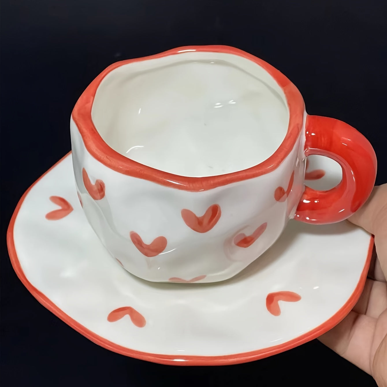Handcrafted Ceramic Coffee Mug and Saucer Set with Whimsical Patterns Reusable and Recyclable