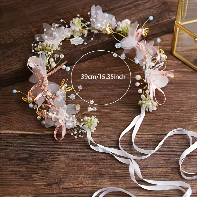 Women's Floral Headband with Rhinestones and Pearls for Weddings and Prom Dresses