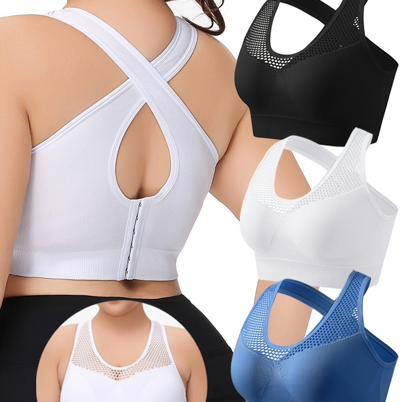 Women's Seamless Mesh Sports Bra Set of 3 Adjustable Plus Size No-Wire Yoga