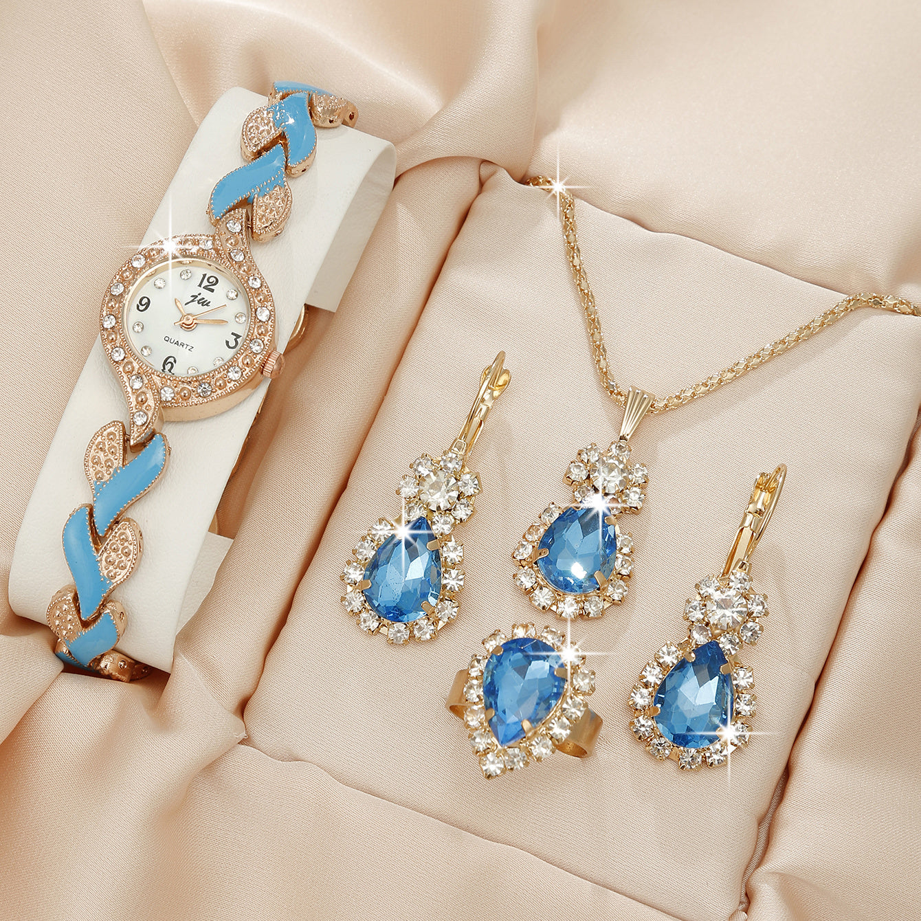 Women’s Rhinestone Quartz Bracelet Watch and Baroque Jewelry Set 5 Pieces