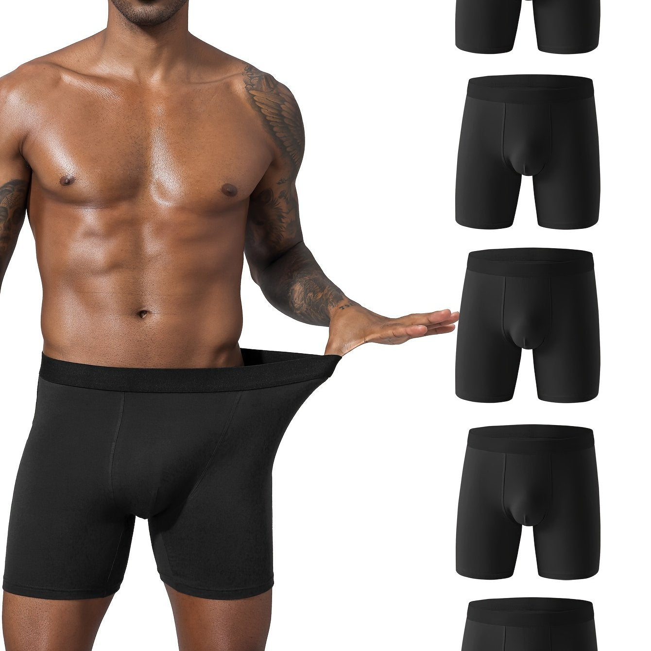 Men's Cotton Boxer Briefs 5-Pack Breathable Solid Color Stretch Underwear Black