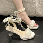 Women's High Heel Sandals Summer 2024 Lace-Up Faux Pearl Open Toe Roman Style