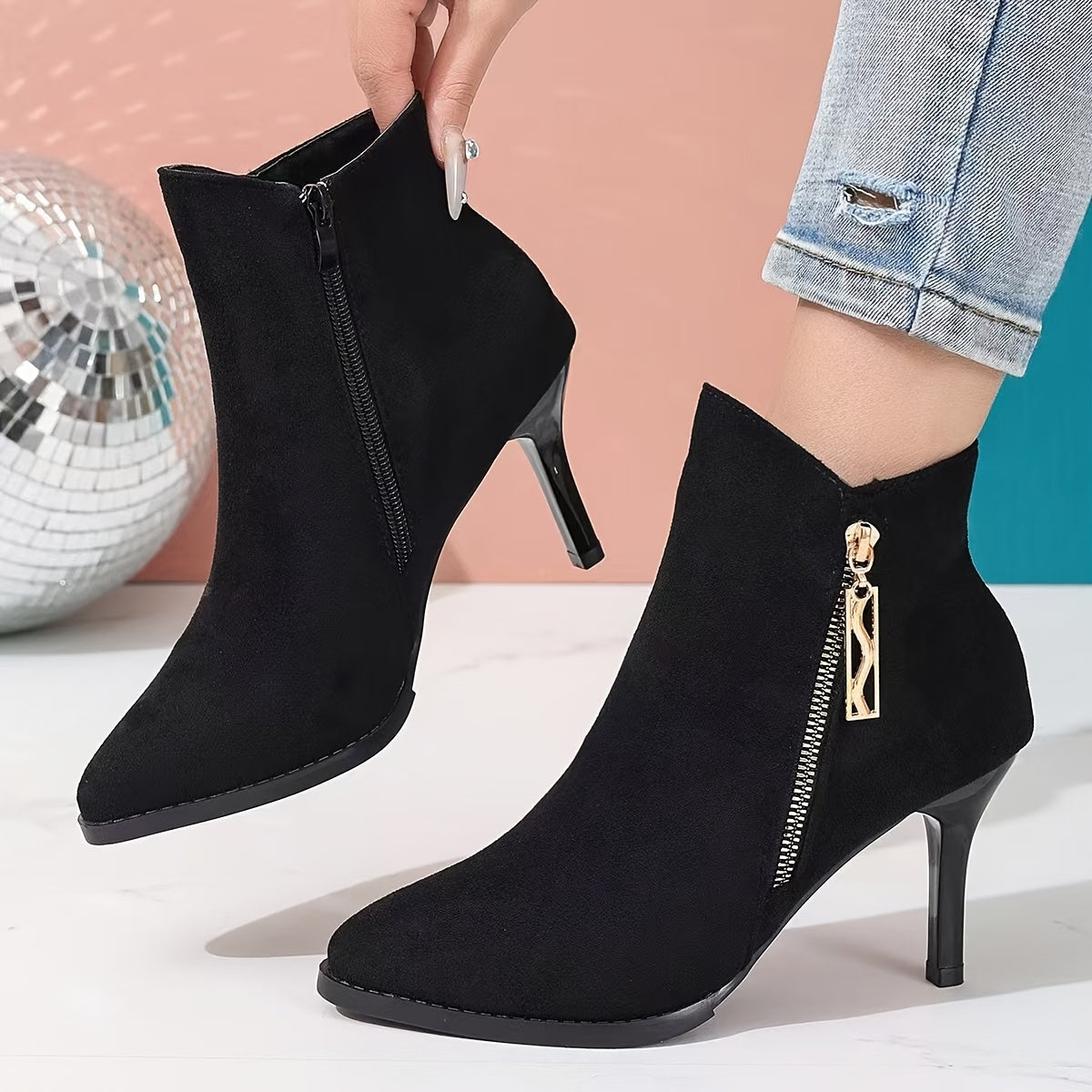 Women's Nubuck Leather Pointed Toe Boots with Zipper, 3-Inch Heel, Slip-Resistant Sole