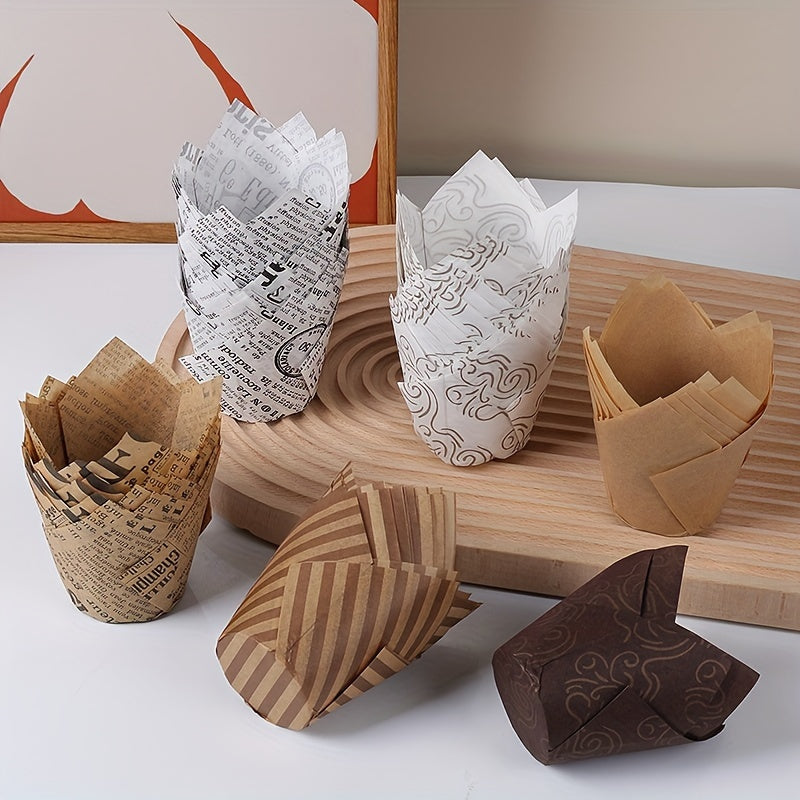 Set of 50 Disposable Tulip Muffin Cups with Cloud Stripes Newspaper Pattern, Greaseproof Paper Liners