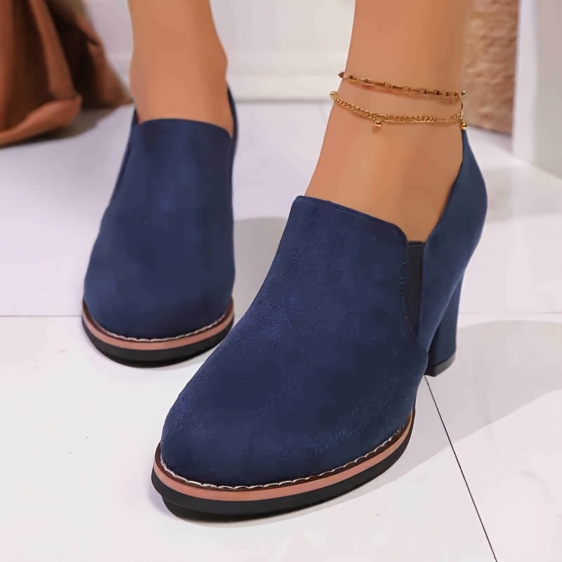 Women's Navy Blue Block Heel Loafers Casual Round Toe Mid-Heel All-Season Shoes