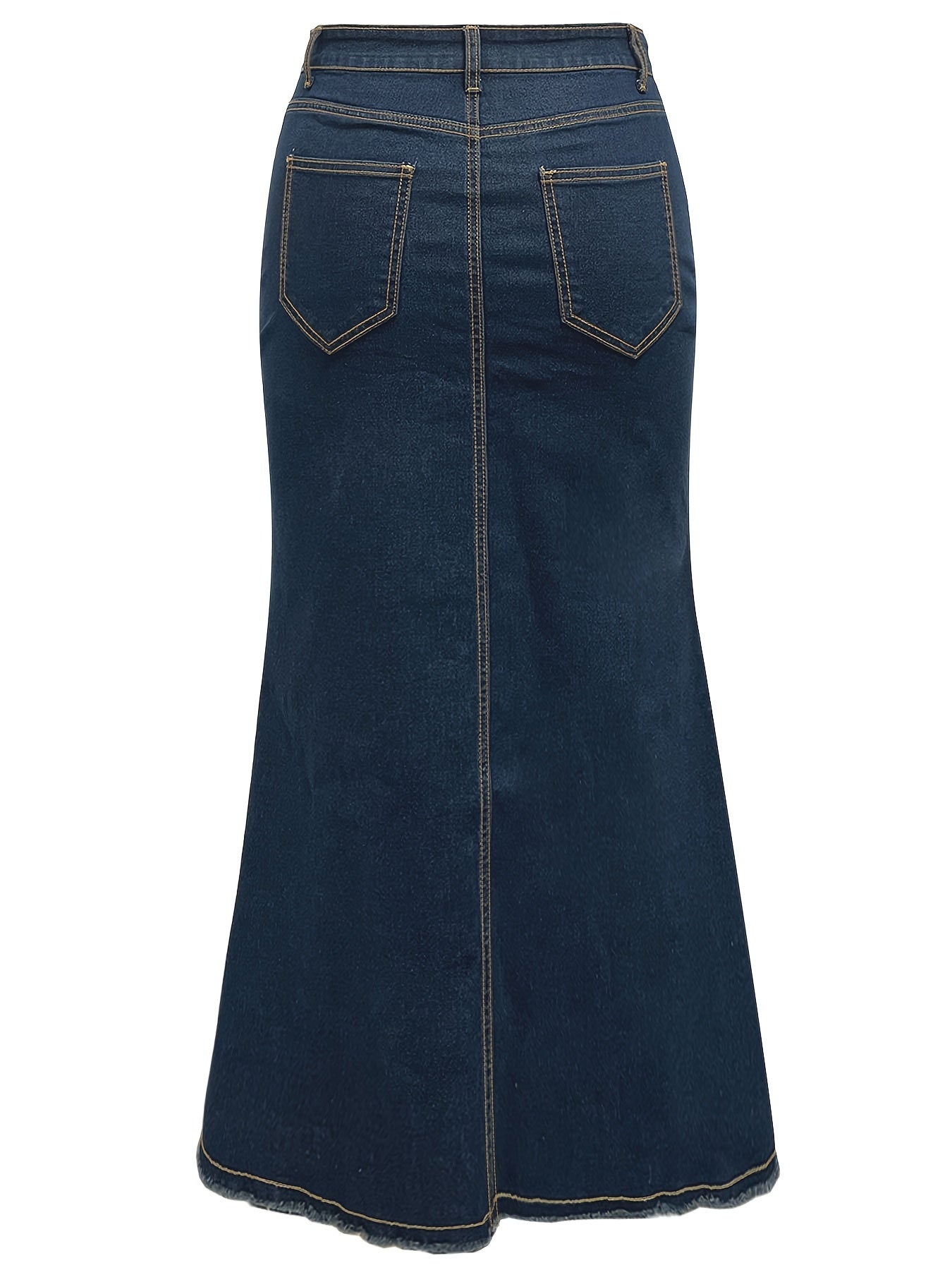 Plus Size Dark Blue Denim Midi Skirt with Button Front and High Waist