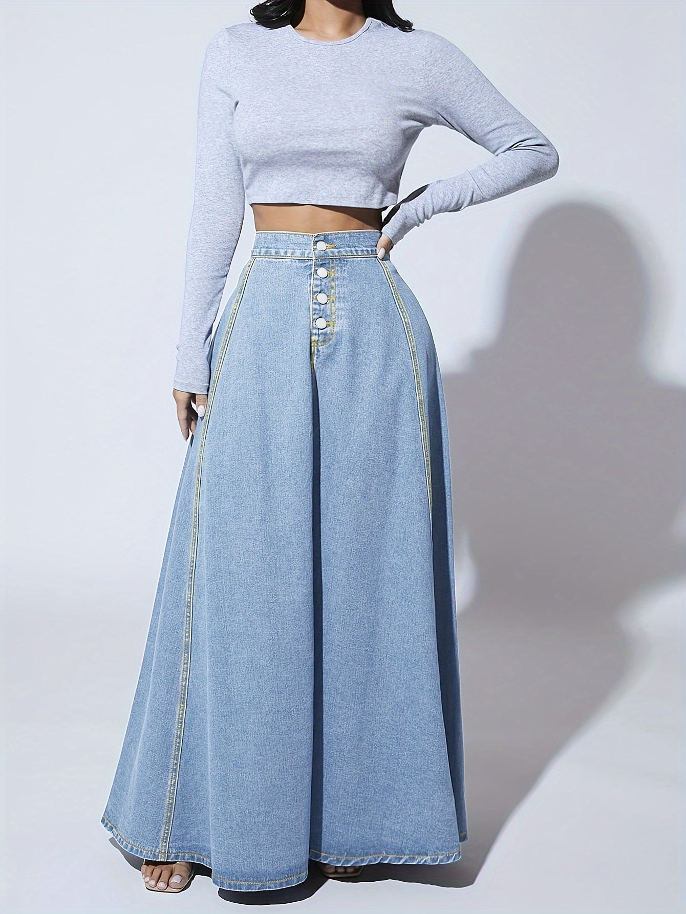 Women's High-Rise Washed Blue Denim Flared Skirt for Tall Individuals