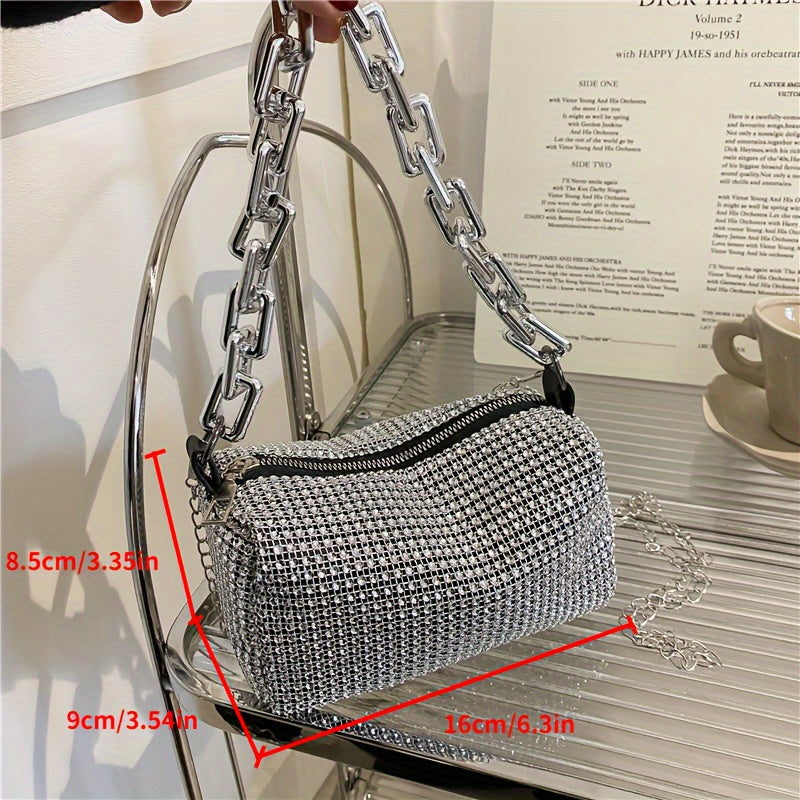 Textured Square Handbag with Chain and Shiny Artificial Diamonds Cell Phone Pouch