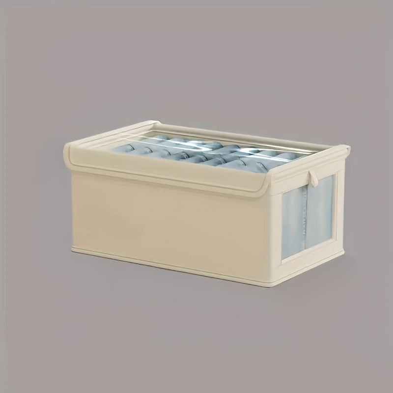 Caja de almacenamiento plegable de tela Oxford beige con ventana transparente para ropa y artículos del hogar