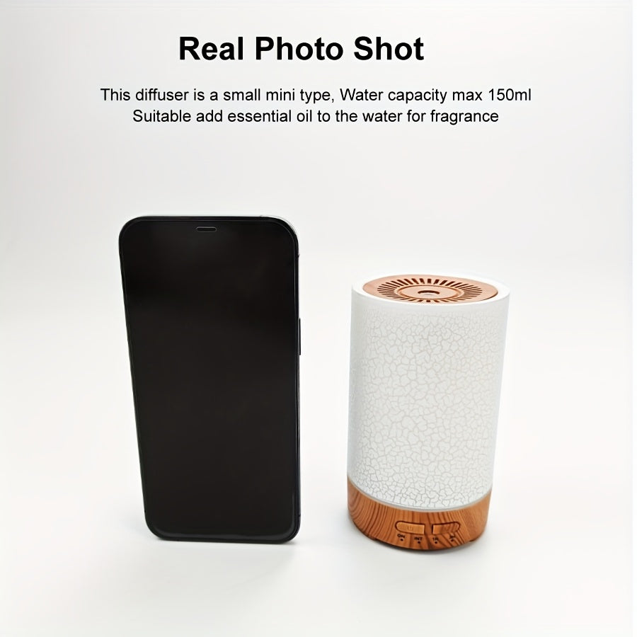 Humidifier with 150ml Capacity, 7-Color Adjustable Light, Wood Grain Finish, USB Powered for Desktop and Room Use