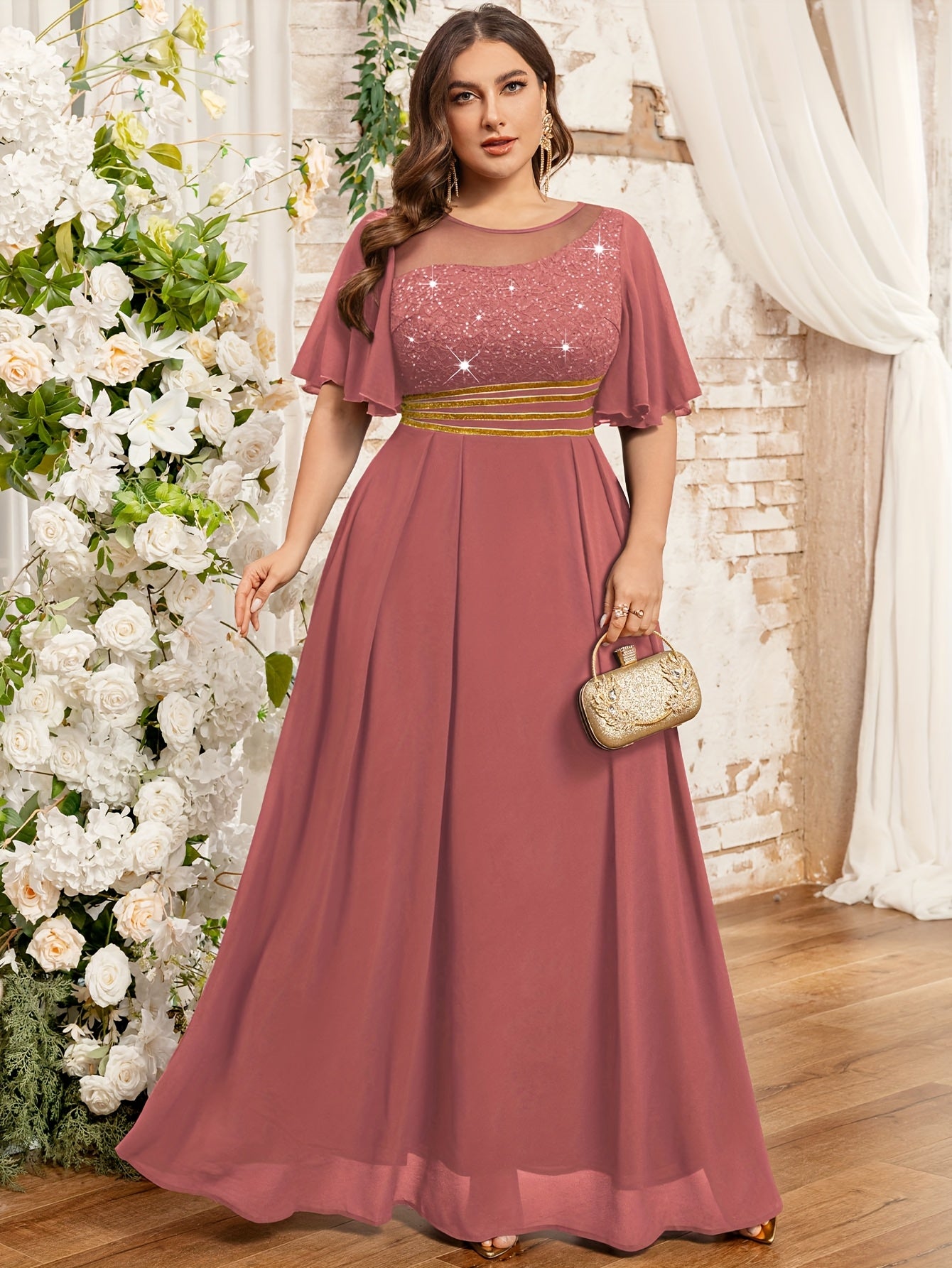 Vestido largo formal de encaje y cuentas en color mauve para mujer de tallas grandes para bodas