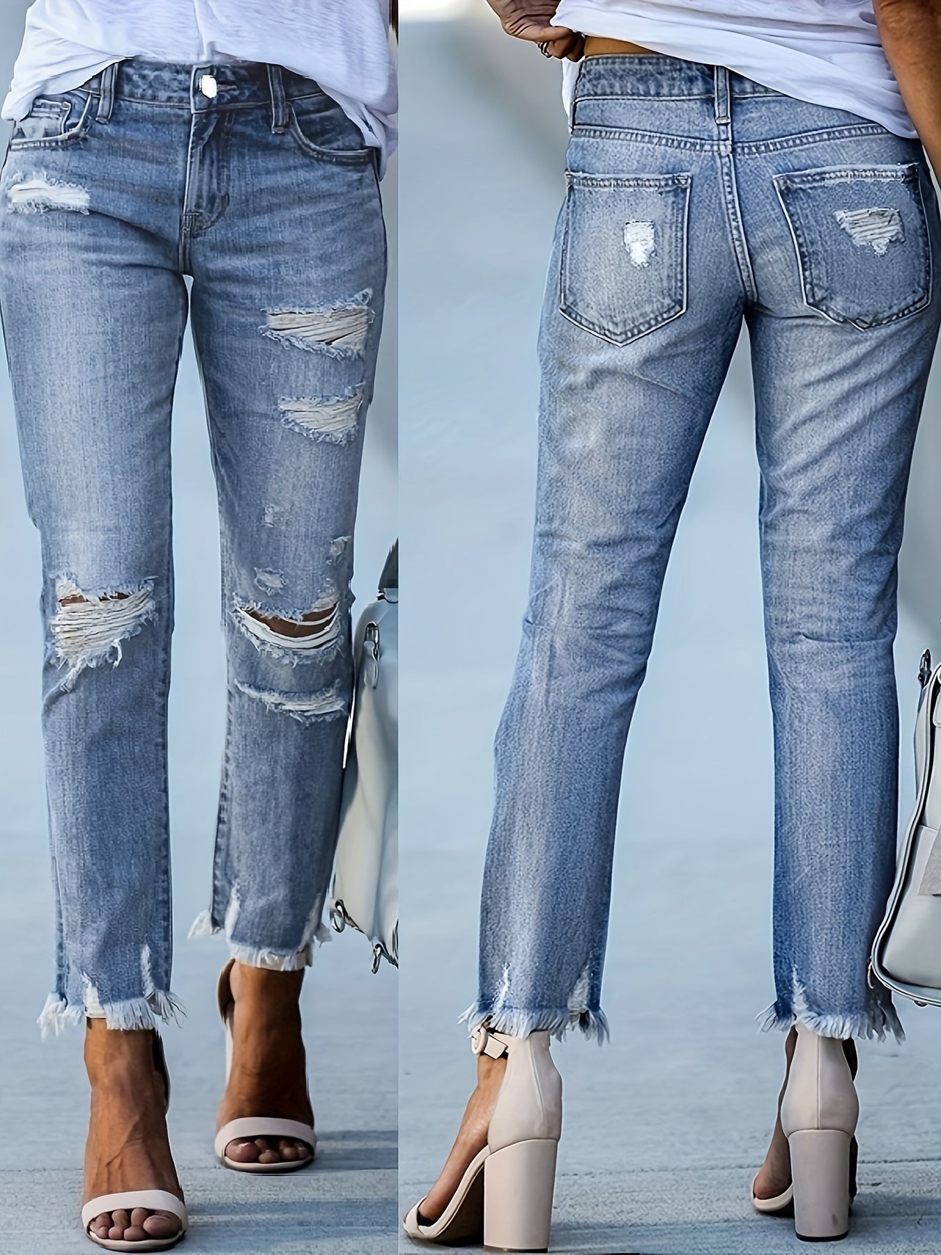 Women's Plus Size High Waist Ripped Raw Hem Distressed Denim Cropped Jeans