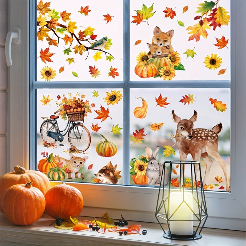 Gran conjunto de calcomanías para ventanas de otoño de 68 piezas con animales, calabazas y hojas de arce para la decoración de Acción de Gracias