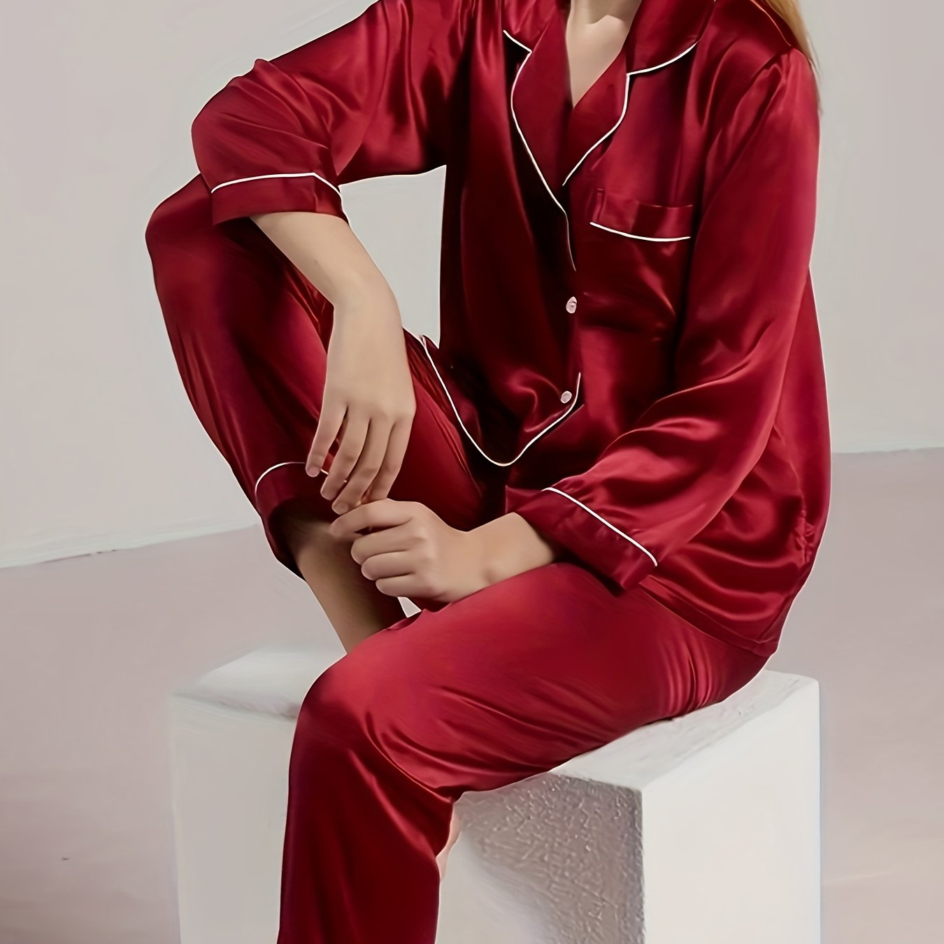 Women's Color Cardigan Pajama Set for Autumn with Long Sleeve Solid Pattern Polyester Elastane