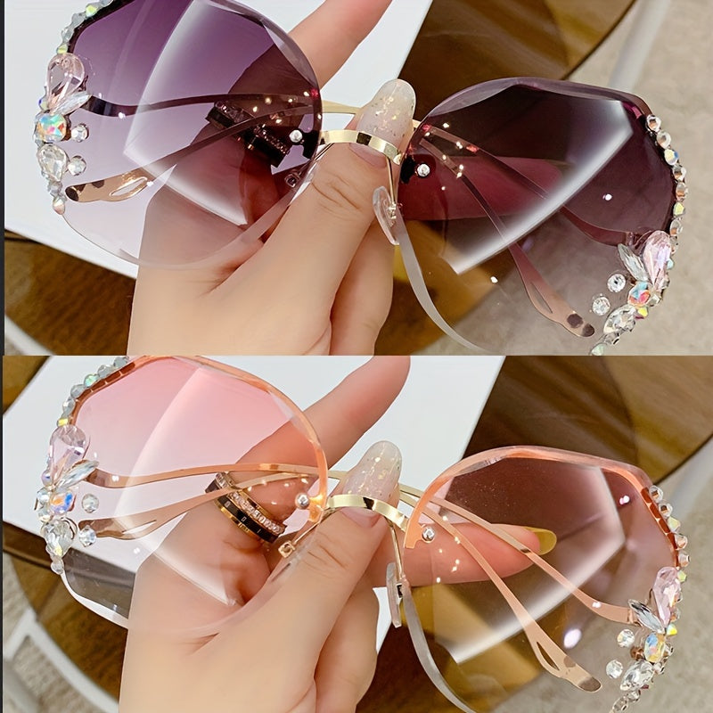 Women's Frameless Gradient Lens Rhinestone Glasses with Bent Legs