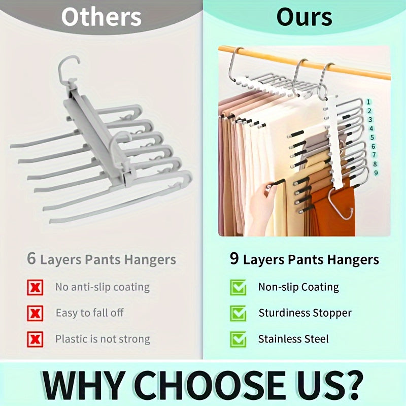 Stainless Steel 9-Tier Space-Saving Pants Hanger with Anti-Slip Coating and 5 Extra Hooks