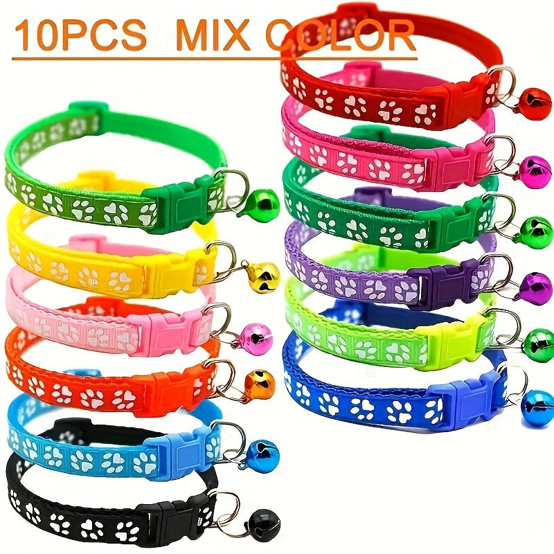 Set of 10 Adjustable Nylon Pet Collars with Bells for Dogs and Cats